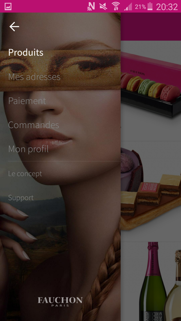 Le menu de l'application Fauchon